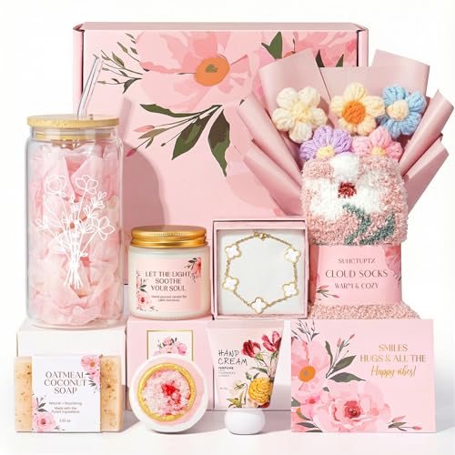 Gifts for Women, 9pcs Happy Birthday Gifts for Women, Christmas Ideas Mothers Day Gift Baskets Unique Rose Self Care Set Valentines Day Gift for Her Mom Sister Wife Friend Friendship Teacher - color: Pink
