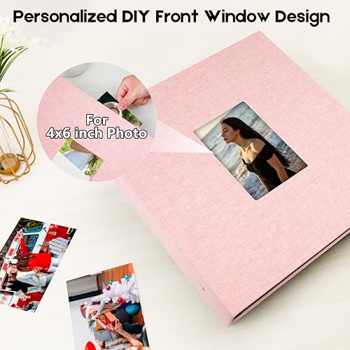 Aevdor Large Capacity 4x6 Photo Album, 1000 Photos, Linen Cover, Pink | Black Inner Pages, 3 Horizontal and 2 Vertical Pockets per Side, Front Photo Window, Family, Wedding & Travel Memories - color: Pink