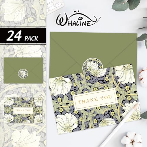 Whaline 24 Pack Floral Thank You Cards Bulk Blue Green Flower Greeting Cards with Envelope Sticker Vintage Blank Note Cards for Birthday Baby Shower Party Supplies, 4 x 6 Inch - style: White Flower