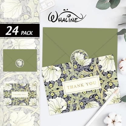 Whaline 24 Pack Floral Thank You Cards Bulk Blue Green Flower Greeting Cards with Envelope Sticker Vintage Blank Note Cards for Birthday Baby Shower Party Supplies, 4 x 6 Inch - style: White Flower