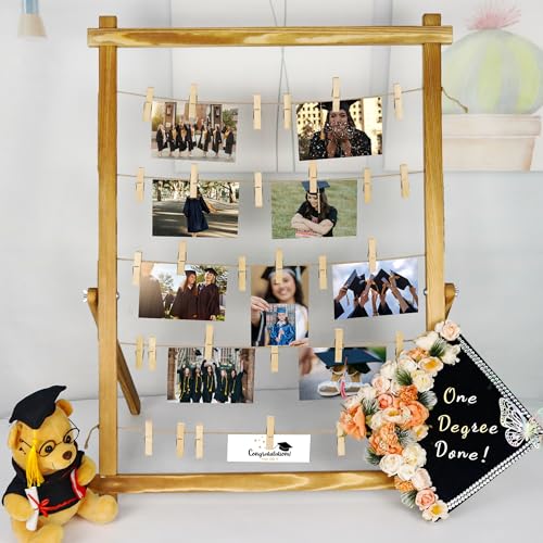 FramePro Wood Photo Display Board with Clips (Carbonized) | Freestanding stable desktop frame, holds up to 30 photos, ideal graduation table centerpiece decor - color: Carbonized Brown