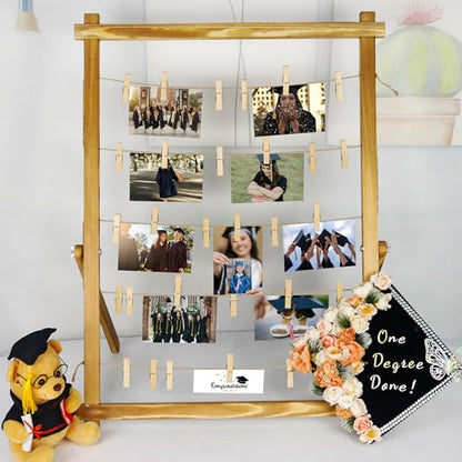 FramePro Wood Photo Display Board with Clips (Carbonized) | Freestanding stable desktop frame, holds up to 30 photos, ideal graduation table centerpiece decor - color: Carbonized Brown