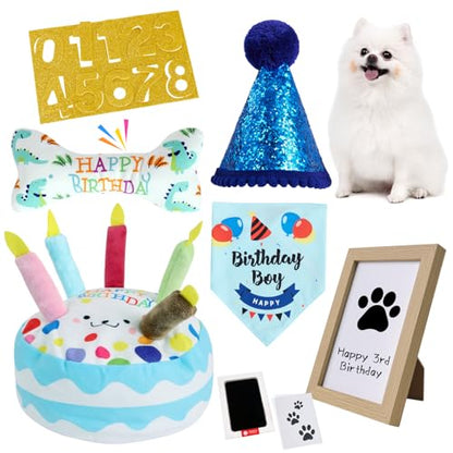 Dog Birthday Toy Set, Dog Squeaky Toys, Includes Squeaky Cake Toy, Plush Bones, Birthday Hats, Bandana, Paw Print Kit & Photo Frame. Pet Gift Supplies, Blue - color: Blue