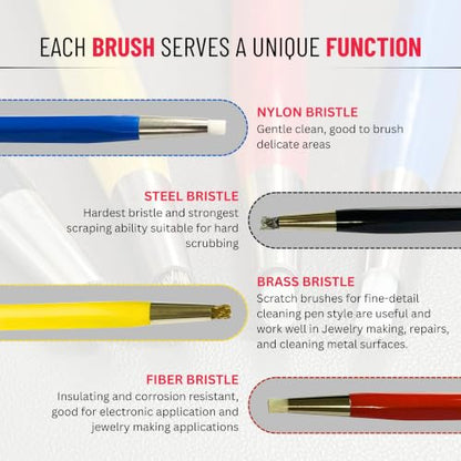 4 Piece Fiberglass Scratch Brush Pen Set with Steel, Brass, Nylon Tips | Surface Restoration, Oxidation Cleaning, Metal Polishing, Jewelry Cleaning, Watch Cleaning, Coin Cleaning, PCB Cleaning