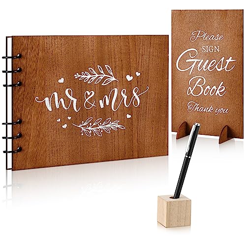 Fulmoon Wooden Guest Book with Pen Holder Sign 50 Pages Wedding,Fresh | Registry Album for Anniversary Birthday Engagement, Table Reception Decor, Mr Mrs Design, Pen with Wooden Holder Stand
