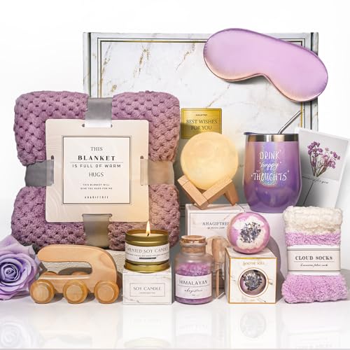 AHAGIFTREE Gift Baskets for Women,11PC Birthday Gifts,Think of You,Thankyou ,self care,care package,relaxation,new beginnings gifts for women,friend,mom,sister - color: Purple Pink
