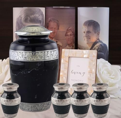 Metal Black Cremation Urns for Human Ashes with Velvet Bag, Urn Set - Cremation Urn with 4 Small Urns for Human Ashes Adult Male & Female, Decorative Urns, Urns Set of 5 (Adult Black URN Set)