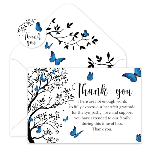 FYSUIMU 50Pcs Funeral Thank You Cards Boxed Blue Butterfly Branch Sympathy Card with Envelope Sticker Bereavement Cards for Memorial Service Loved Ones Celebration of Life - style: Butterfly