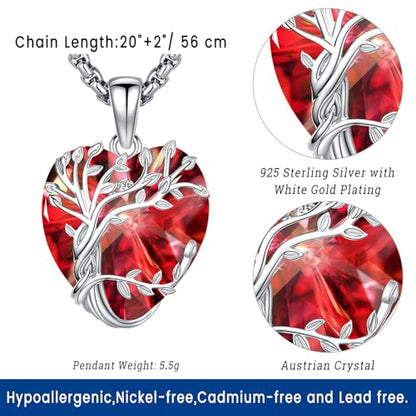 Eusense Tree of Life Necklace for Women Men Sterling Silver 925 Tree Urn Locket Cremation Jewelry Family Tree Pendant Gifts for Her Him Mom Dad Grandma Daughter - style: E-G-Tree of Life Necklace 01-Garnet