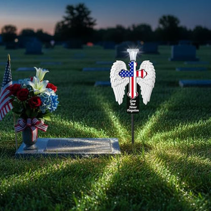 Solar Memorial Cross with Angel Wings - Patriotic American Flag Cemetery Decorations - 2026 USA 250th Anniversary Veteran Grave Marker, Father's Day Tribute - style: Angel wings