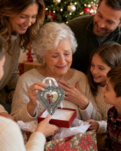 Memorial Christmas Ornament with Photo – in Our Hearts at Christmas Sympathy Ornament with Angel Wings, Holly & Berry Accents – Personalized Remembrance Gift for Loss of Loved One – 3.5" Heart