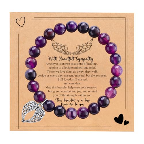 Sympathy Gifts for Loss of Loved one Memorial Healing Remembrance Condolence Grief Present for Women Pink Beads Bracelet With Angel Wings - style: Amethyst-Wings-With Heartfelt Sympathy