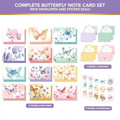 Decorably 24 Pack 6x4in Enchanting Glittery Butterfly Blank Cards | Envelopes & Stickers, 12 Enchanting Butterfly Designs for Family & Friends, Blank Inside - Birthdays, Weddings, Gifting