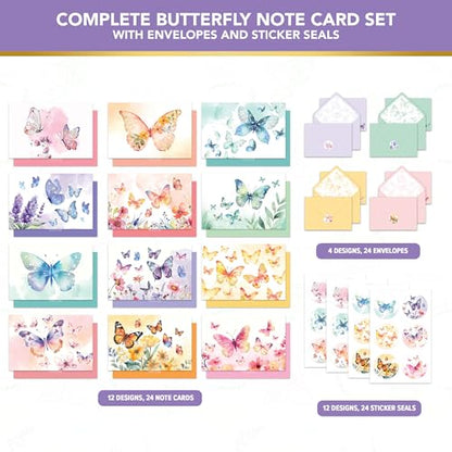 Decorably 24 Pack 6x4in Enchanting Glittery Butterfly Blank Cards | Envelopes & Stickers, 12 Enchanting Butterfly Designs for Family & Friends, Blank Inside - Birthdays, Weddings, Gifting