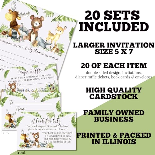 Baby Shower Invites Gender Neutral – Watercolor Woodland Baby Shower Invitation Bundle with Diaper Raffle Tickets, Book Request Cards & Envelopes. Set of 20 5X7 Woodland Creatures Invitation Kit Sets for Boy or Girl - style: Woodland Creatures