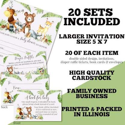 Baby Shower Invites Gender Neutral – Watercolor Woodland Baby Shower Invitation Bundle with Diaper Raffle Tickets, Book Request Cards & Envelopes. Set of 20 5X7 Woodland Creatures Invitation Kit Sets for Boy or Girl - style: Woodland Creatures