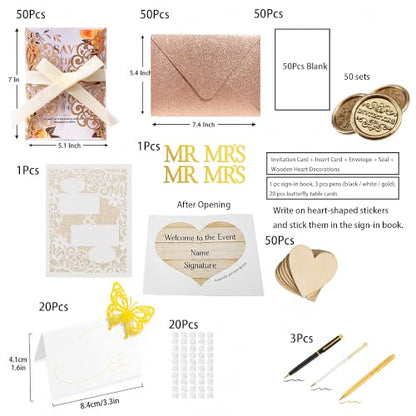 50Pcs Laser Cut Wedding Invitation With Glitter Envelopes And Ribbons Blank Personalized Card Invitaciones Para quinceañera Birthday Baby Shower Christmas Party Bridal Shower (Rose Gold) - color: Rose Gold