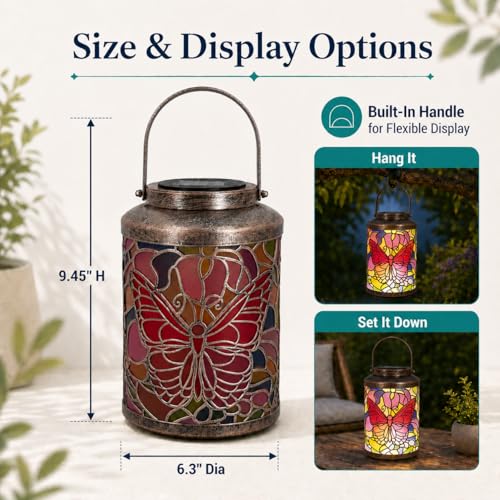 Solar Lanterns Outdoor Waterproof Butterfly Metal Hanging Light | Metal butterfly LED lantern with handle for hanging decor on patio, yard, porch, pathway and garden, gifts for women and mom - style: Butterfly