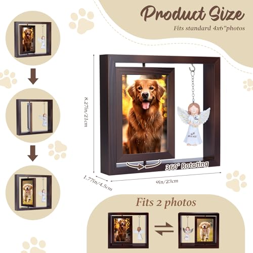 Rotating Wooden Picture Frame with Resin Angel for Loss of Dogs | Brown Loss of Dogs Cat Sympathy Gift, Holds 4x6 Photo, Pet Loss Remembrance Bereavement Keepsake, Dog Memorial Gifts - color: Brown