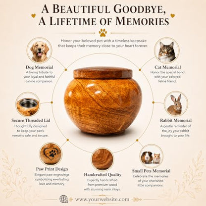 Small Pet Urn for Ashes, Mango Wood Memorial Keepsake for Dog or Cat, Paw & Heart Design, Holds up to 6 lbs - size: Small 0.6 Cu In