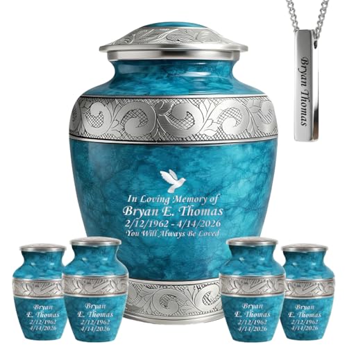 Set of 6 Custom Engraved Marble Blue Cremation Urns for Ashes Adult Male & Female - Includes 1 Large Urn with 4 Small Keepsake, 1 NecklaceUrn for Human Ashes - color: Marble Blue Custom Urn Set