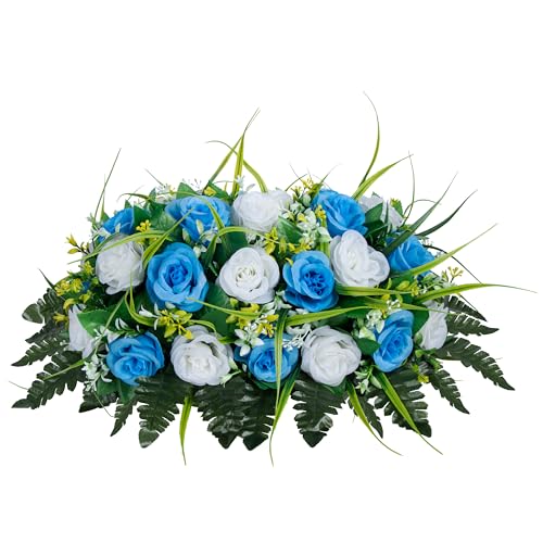 MOOMASS Cemetery Headstone Flower Saddle - Artificial Cemetery Flowers Rose, Grave Decoration，Non-Bleed Colors, and Easy Fit (Light Blue+White, Saddle) - color: Light Blue+white, size: saddle