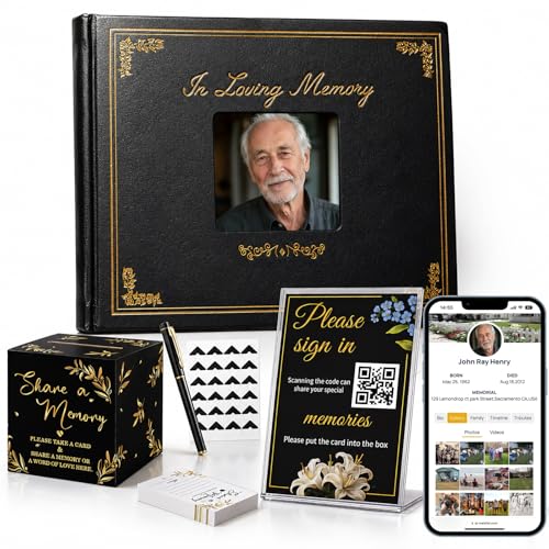 Funeral Guest Book for Memorial Service, Guest Book Set with QR Table Sign -QR Memorial Website, 9.25x7.4 Faux Leather, Includes 50 Memory Cards, Card Box & Pen