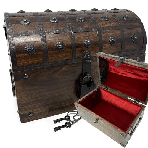 Nautical Cove Wooden Treasure Chest with Padded Velvet Lining and Antique Lock with Skeleton Keys (Large 13x8x8.75) – Luxury Wood Pirate Chest, Decorative Box with Lid, Wooden Lock Box, Pirate - size: Large