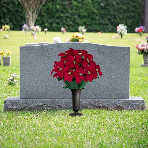 Sympathy Silks - Artificial Flowers for Cemeteries - Red Poinsettias with Gold Glitter - (1) Bouquet (1) Vase - color: Red W Gold Glitter, size: (1) Bouquet (1) Vase