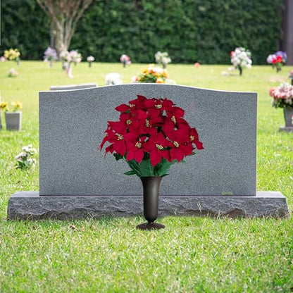 Sympathy Silks - Artificial Flowers for Cemeteries - Red Poinsettias with Gold Glitter - (1) Bouquet (1) Vase - color: Red W Gold Glitter, size: (1) Bouquet (1) Vase