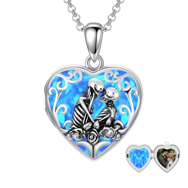 Personalized Heart Locket Necklace That Holds Pictures 925 Sterling Silver Custom Photo Lockets Necklaces Jewelry Gifts for Family Women Lover - color: Skull-Blue opal, style: Locket Only