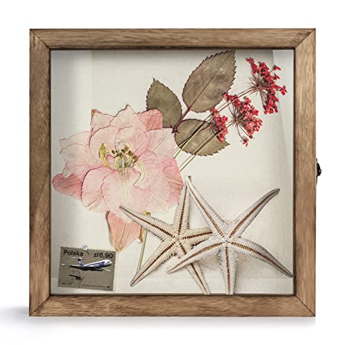 TJ.MOREE Shadow Box 12x12 Memory Display Case Wood Picture Frame Carbonized | Fits 10.6x10.6 Inserts with Linen Back & Glass, Rustic Keepsake Box for Pet Memorabilia Gifts Wedding Bouquet Military Medals - color: Carbonized, size: 12x12