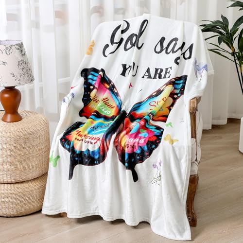 Moukeren Christian Blanket for Women Mother's Day Butterfly Blanket Faith Religious God Says You are Throws Inspirational Bible Catholic Gift for Mom Sister Friend Baptism Confirmation 50'' x 60'' - style: Butterfly