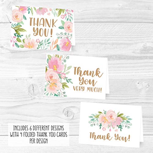 24 Bulk Thank You Cards with Envelopes Blank Cute Thank You Cards | Floral Pink 6 x 4 Appreciation Card for Weddings, Valentines, Anniversary, Small Business, Party Guests, Engagement & Funeral - color: Floral Pink Blush 24 pcs