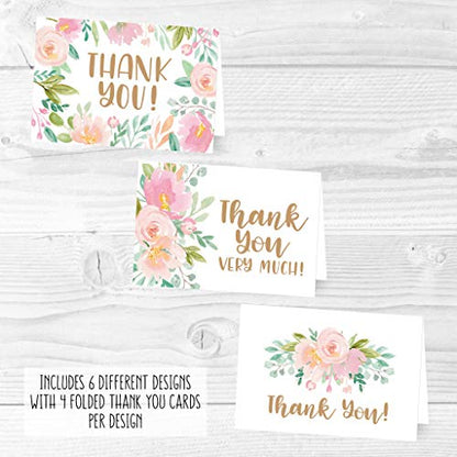 24 Bulk Thank You Cards with Envelopes Blank Cute Thank You Cards | Floral Pink 6 x 4 Appreciation Card for Weddings, Valentines, Anniversary, Small Business, Party Guests, Engagement & Funeral - color: Floral Pink Blush 24 pcs