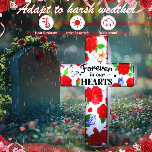 Qunclay Solar Cross Grave Lights Women Grave Decorations with Red Rose Flowers Waterproof Memorial Cross Stake Solar Powered Light Outdoor Yard Patio Sympathy Gifts for Loss of Loved One