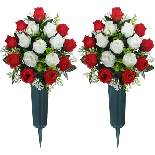 Artificial Cemetery Flowers with Vase, Artificial Headstone Memorial Flowers Rose Bouquet for Graveyard Grave Cemetery Decoration, Set of 2 (Red&White)