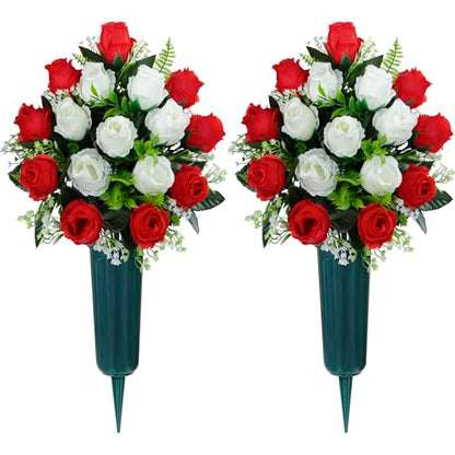 Artificial Cemetery Flowers with Vase, Artificial Headstone Memorial Flowers Rose Bouquet for Graveyard Grave Cemetery Decoration, Set of 2 (Red&White)