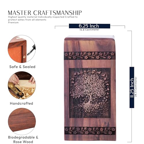 Tree of Life with Swirling Leaves Wooden Urn Box for Human Ashes - Large Wood Storage Urn - Ground Burial Urn - Resistant and Secure - Memorial Gifts - Funeral Urns - 11.25 Inches, Natural