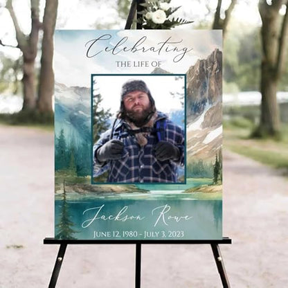 Forest Mountain Funeral Welcome Sign, Celebration of Life Welcome Sign, in Loving Memory Sign, Celebration of Life Funeral Sign, Celebration of Life Sign, Memorial Sign with Photo #vd14 - color: Version #26