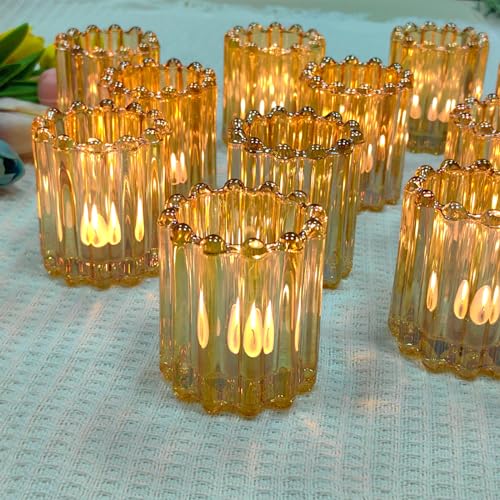 GOLDEAL 12Pcs Gold Glass Votive Candle Holders Tealight Holders Decorative, Tea Candle Holders Bulk,Candlestick for Wedding, Party,Dinner, Home Table Decor. - color: Gold