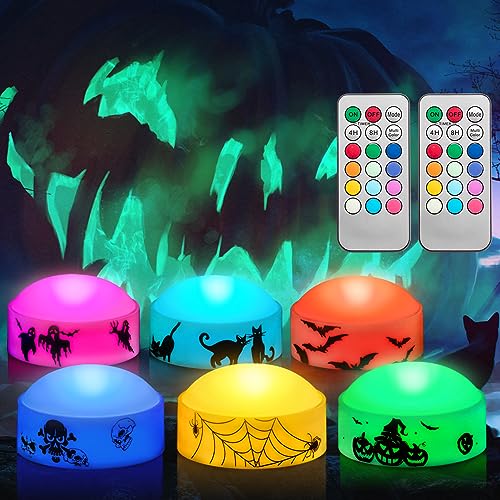 6 PCS Color Changing Halloween LED Pumpkin Candle Lights with Remote and Timer, Colored Battery Operated Jack-O-Lantern Light for Outdoor Halloween Flameless Pumpkin Home Decorations - color: Multi-Color Pumpkin Lights (6 PCS)