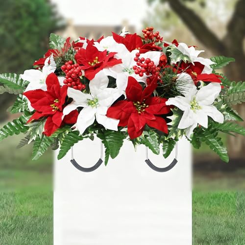 Lodou Christmas Cemetery Flowers Saddle - Red Poinsettias & Berries Plastic Grave Memorial Decor, Fade-Resistant for 60-90 Days, Weatherproof (Red White) - color: Red White