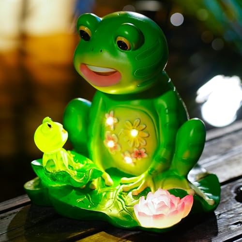 Upgraded Size Solar Garden Outdoor Statues Frog Mother and Little Frog with 6 LED Solar Figurine for Lawn,Patio, Balcony, Yard Decor Unique Gift, for Mom, Grandma,Father,Woman - color: Green Little Frog