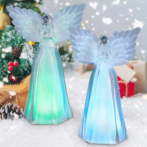 2 Pack Angel Christmas Statue with RGB Color Changing Lighting Angel Lighted Figurine with 6 Hour Timer Battery Christmas Holiday Home Decor Gifts (RGB Angel) - color: Rgb Angel