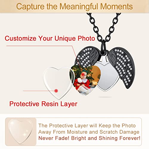 Custom4U Personalized Heart Locket Necklace with Pictures,Sunflower/Angel Wings/Heart Shaped Lockets Custom Photo,Gold/Rose Gold/White Lockets That Holds Picture,Customized Memorial Jewelry for Women - color: B-Angel Wings-Black(Locket + Photo + Engraving