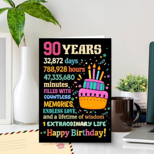 90th Birthday Card, 90th Birthday Card for Women Men with Seal and Envelope, 90 Year Old Birthdayy Cards for Mom Dad Grandma Grandpa from Daughter Son Granddaughter Grandson - color: 90th