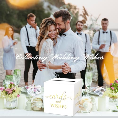 WNINK White Card Box with Gold Foil Design, Cards and Wishes Gift Cards Box Receiving Box for Wedding Receptions, Bridal & Baby Showers, Anniversaries, Birthdays Party, Graduations, Retirements - color: Cards Wishes White Gold