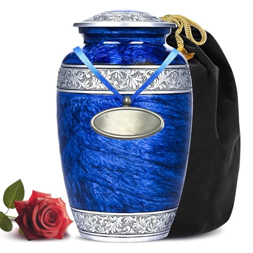 Hand-Engraved Blue Urn for Ashes Adult Male & Female with Velvet Bag & Medallion | Blue Marble Finish Metal Cremation Urns for Human Ashes Adult Man | Elegant Burial & Funeral Urn, Large, 220lbs - color: Blue, size: Large