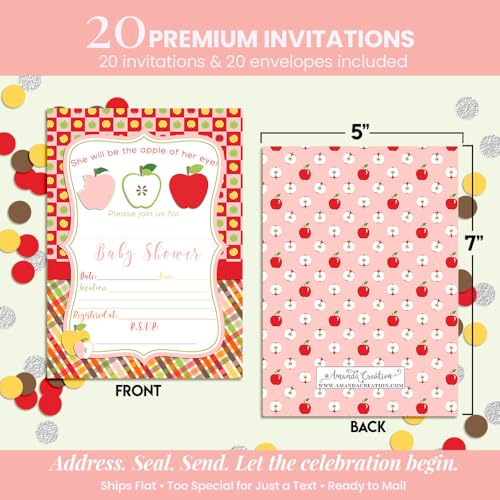 Apple of My Eye Baby Shower Girl Invitations, 20 5x7 Fill In Cards with Twenty White Envelopes by AmandaCreation™ - style: Apple of My Eye Girl